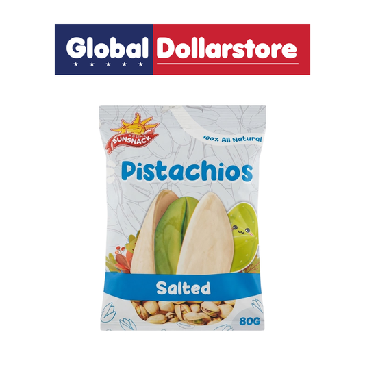 SunSnack Salted Pistachios in a packaged snack bag, featuring crunchy salted pistachio nuts and clear SunSnack branding on a clean product display background.