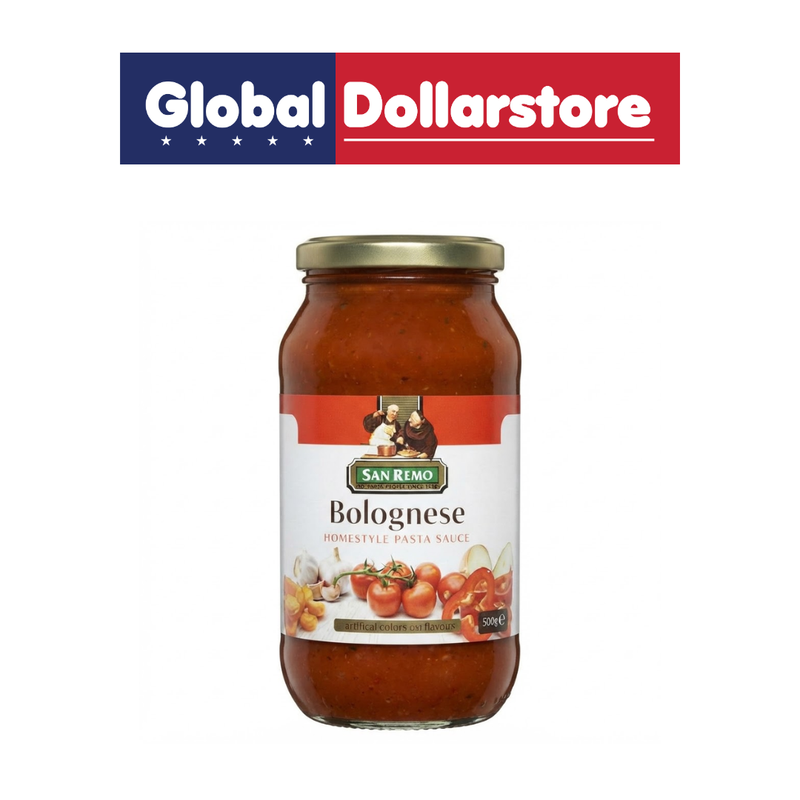 San Remo Bolognese Pasta Sauce featuring a rich tomato-based sauce with savory Italian-inspired flavors, ideal for coating pasta in hearty meals.