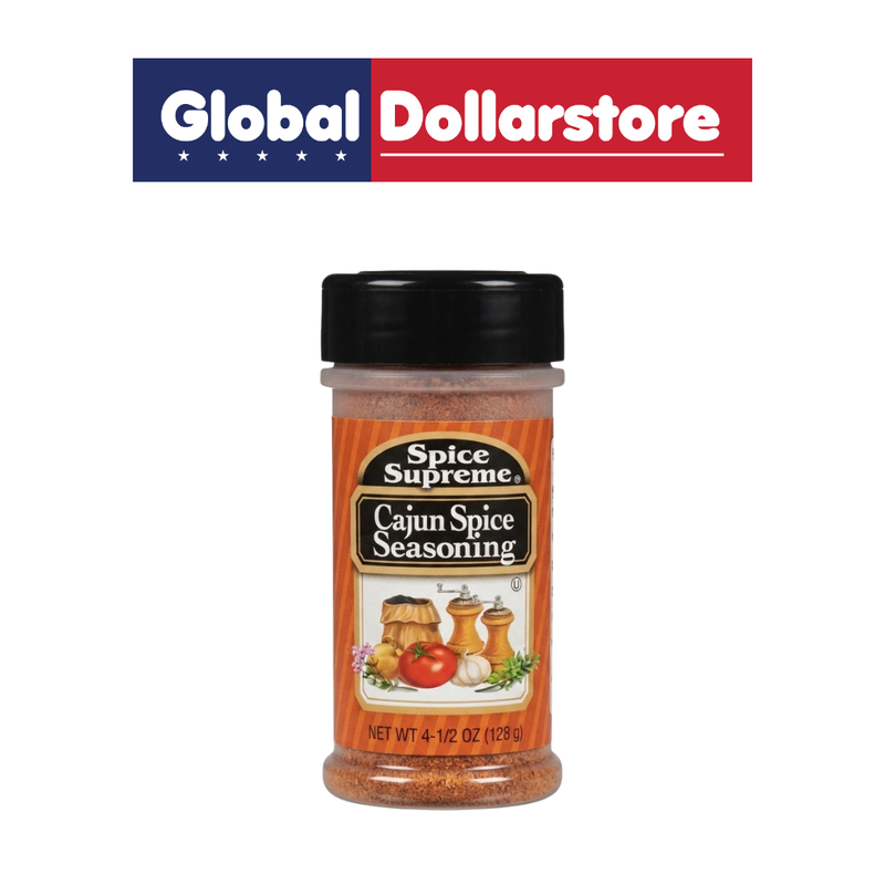 Spice Supreme Cajun seasoning in a convenient package, featuring a bold blend of savory spices and herbs for adding flavorful Cajun-style seasoning to meats, seafood, vegetables, rice, soups, and savory recipes.