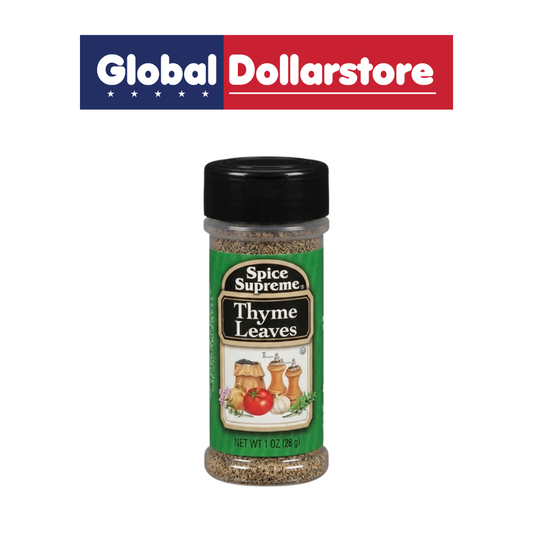 Spice Supreme Thyme Leaves seasoning in a convenient package, offering aromatic dried thyme herbs for enhancing soups, meats, vegetables, sauces, and savory recipes.
