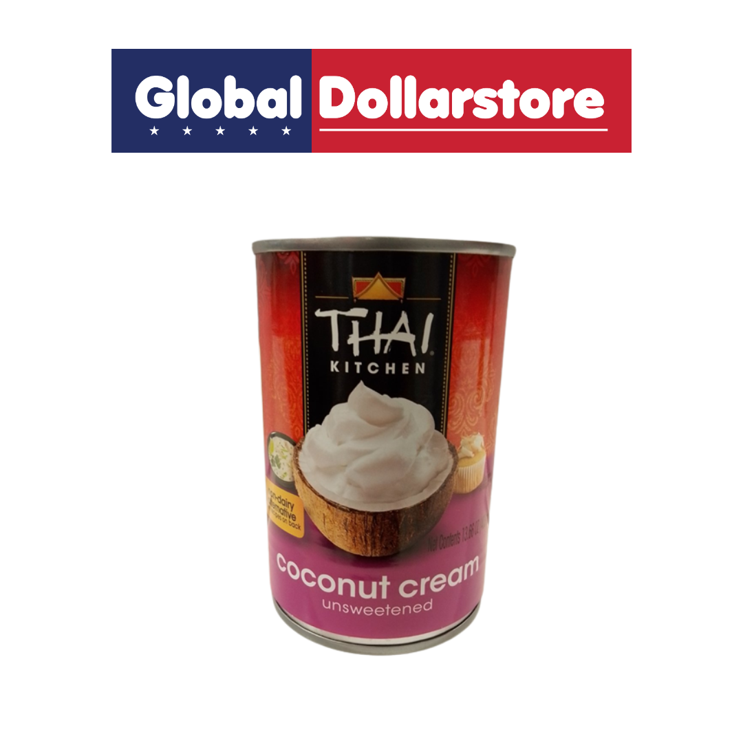 A can of Thai Kitchen coconut cream unsweetened, featuring a red and pink label with a coconut cream graphic, shown below a Global Dollarstore banner on a white background.