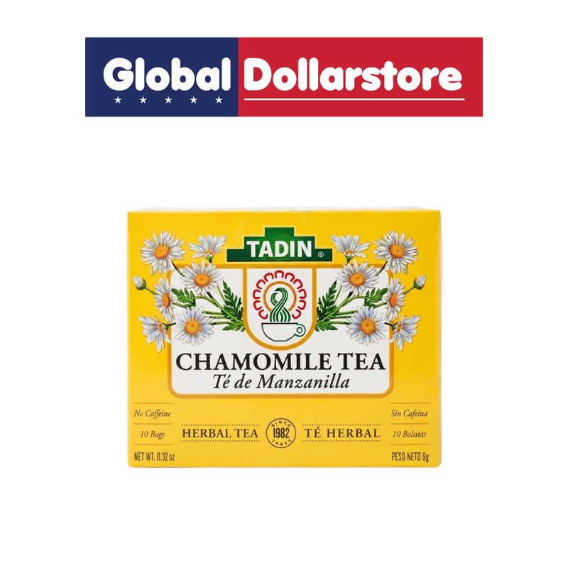Tadin Chamomile Tea in a convenient package, featuring fragrant chamomile flowers for a soothing herbal beverage that can be enjoyed warm or chilled as part of a relaxing daily routine.