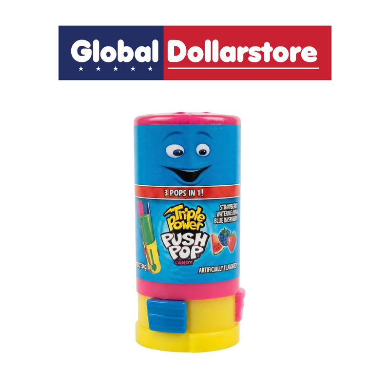 Triple Power Push Pop candy featuring a fun push-up design with three flavorful candy sections, offering a colorful and interactive sweet treat that's perfect for kids, parties, sharing, and on-the-go snacking.