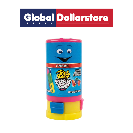 Triple Power Push Pop candy featuring a fun push-up design with three flavorful candy sections, offering a colorful and interactive sweet treat that's perfect for kids, parties, sharing, and on-the-go snacking.