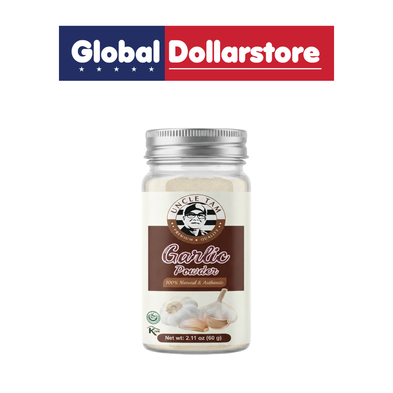 Uncle Tam Garlic Powder spice container featuring finely ground garlic seasoning for cooking, marinades, sauces, and everyday recipes, with distinctive Uncle Tam packaging.