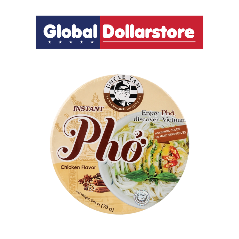 Uncle Tam Instant Pho Bowl Chicken featuring Vietnamese-style rice noodles in a savory chicken broth, conveniently packaged in a ready-to-prepare bowl for a quick and flavorful meal.