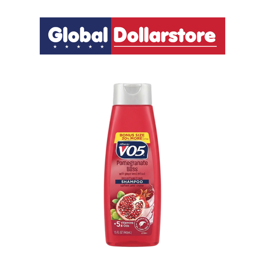 VO5 Pomegranate Bliss Shampoo featuring a fruity pomegranate-inspired blend for cleansing hair and leaving it feeling fresh, clean, and revitalized.