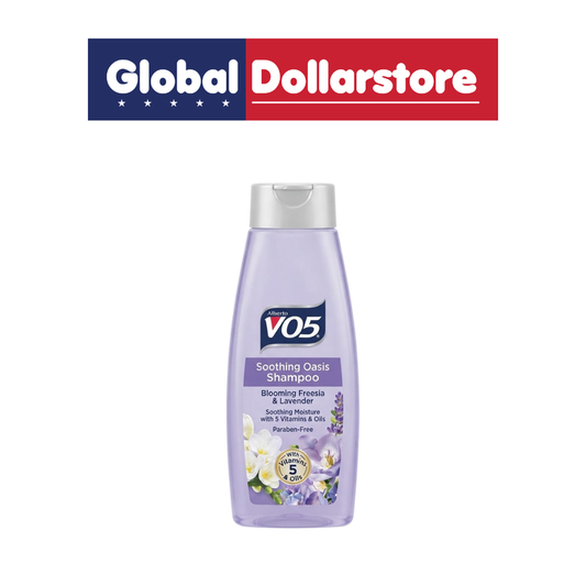 VO5 Free Me Freesia Shampoo bottle featuring a refreshing freesia fragrance and hair-cleansing formula, with recognizable VO5 branding and distinctive product packaging.