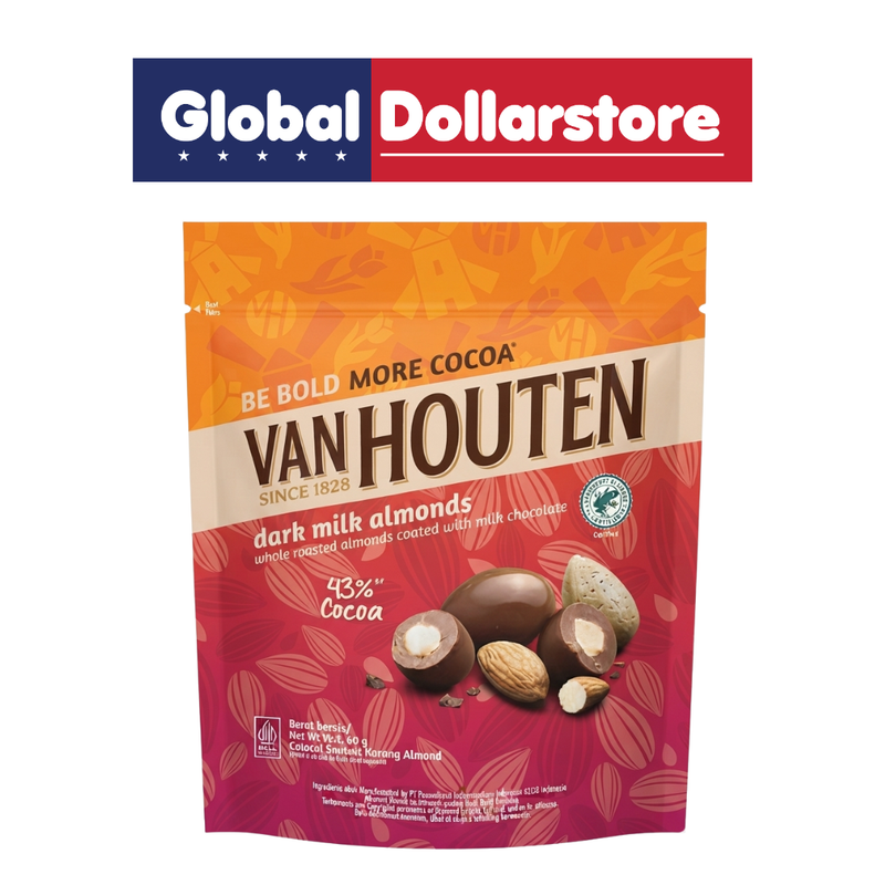 Van Houten Dark Milk Almonds Dragees featuring crunchy whole almonds coated in rich dark milk chocolate, offering a delicious blend of nutty texture and smooth cocoa flavor, perfect for snacking, sharing, gifting, or enjoying with coffee.