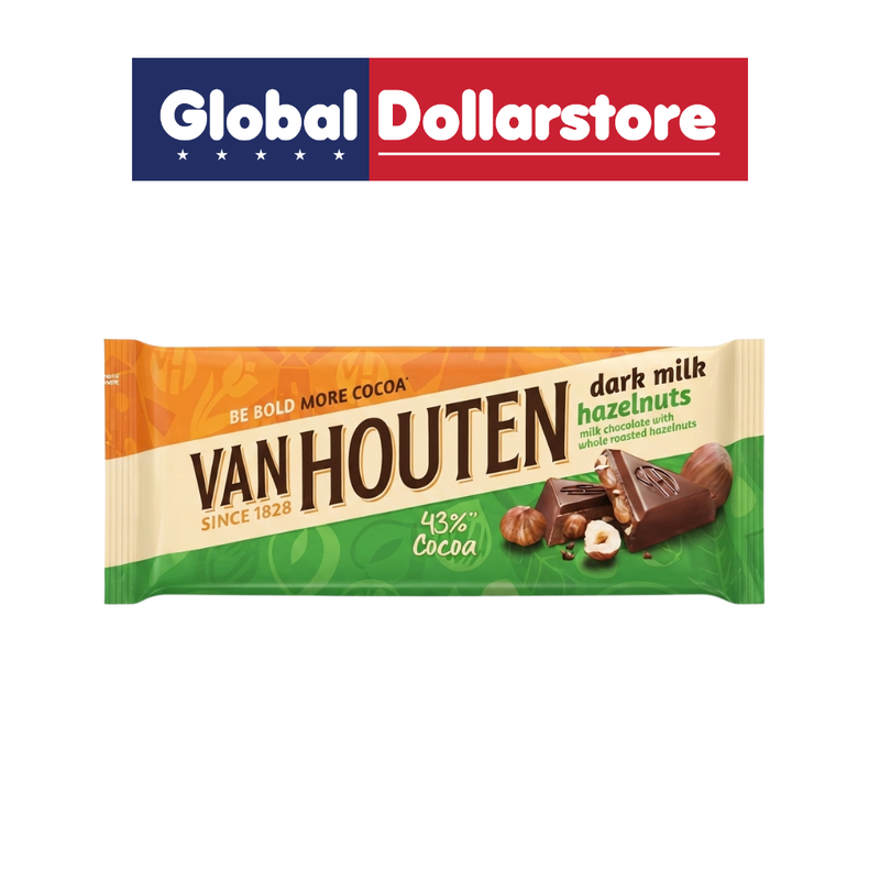 Van Houten 52% Dark Milk Hazelnut Bar featuring rich dark milk chocolate blended with crunchy hazelnut pieces, creating a satisfying combination of deep cocoa flavor and nutty texture, perfect for snacking, gifting, or enjoying with coffee.