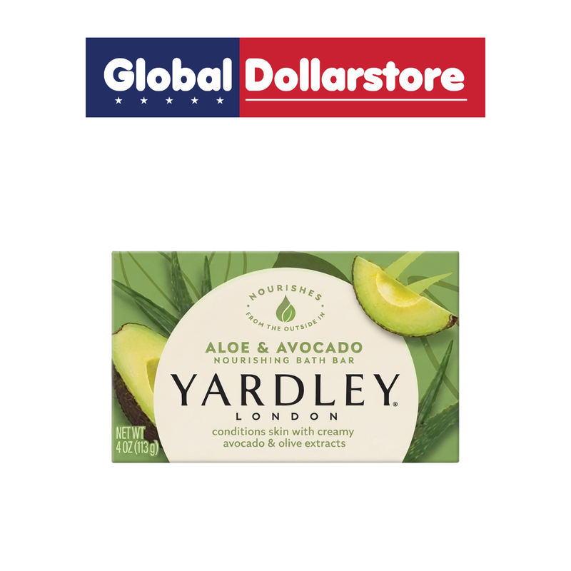 Yardley Aloe & Avocado Bar Soap featuring a refreshing aloe and avocado blend with a gentle cleansing formula, presented in distinctive Yardley packaging for everyday personal care.